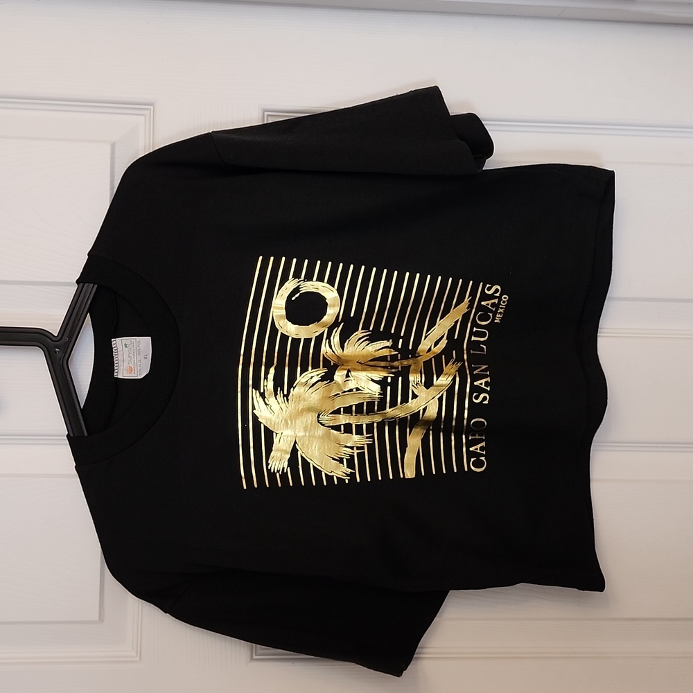 Vintage Single Stitch Cabo San Lucas Gold Graphic Cropped BeachT Shirt. Size XL.